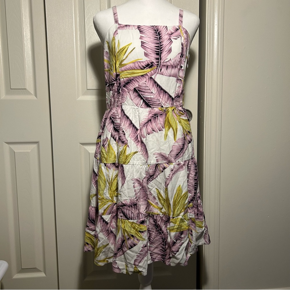 LOFT Pink and Green Leaf Print Mini Dress